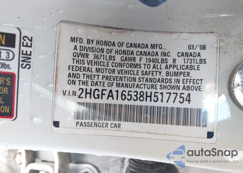 2008 Honda Civic Lx из США, поврежденный, VIN 2HGFA16538H517754